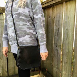 Vintage Black Stitched Leather Cross Body Bag